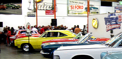Wide shot of movie cars display.